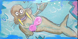 12.75x6.75" little walrus original painting on built wood panel