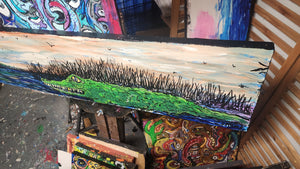 Original 4ft x1 ft greenfield gator mixed media painting  on wood
