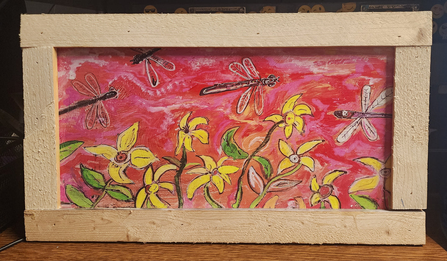 Sunset dragonflies 18×10.5  embelished framed print