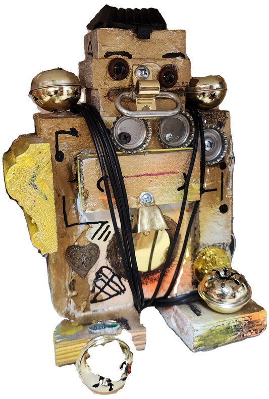 Jinglebot 5000 wood scrap robot sculpture