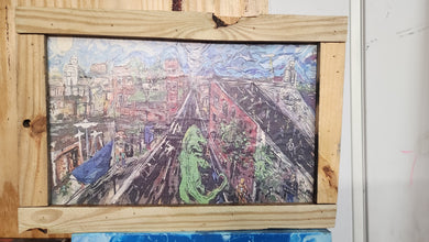 Clearance Godzilla verses dock street 12 x18 x17 framed print