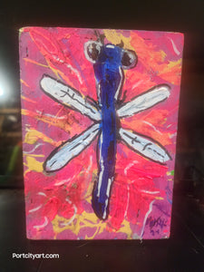 5x7" mini dragonfly original on built wood panel