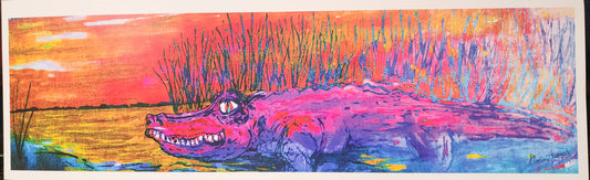 Pink gator sunset  signed paper print in poly sleeve 5x16"