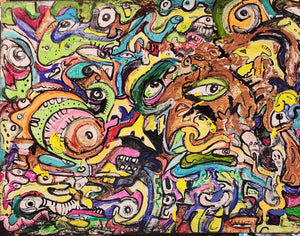 "Spreading infection in the comments section" mixed media 17x24" painting  on built wood  panel