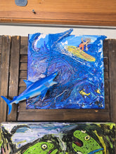 Load image into Gallery viewer, 10x10 multimedia surfer and shark on stretched  canvas