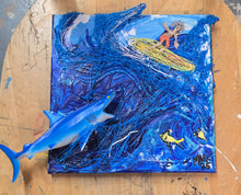 Load image into Gallery viewer, 10x10 multimedia surfer and shark on stretched  canvas