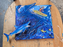 Load image into Gallery viewer, 10x10 multimedia surfer and shark on stretched  canvas