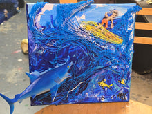 Load image into Gallery viewer, 10x10 multimedia surfer and shark on stretched  canvas