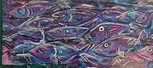 27.5 x 10   orginal painting  wood purple pink fish the flow