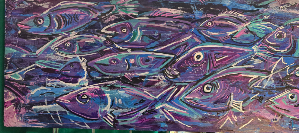 27.5 x 10   orginal painting  wood purple pink fish the flow