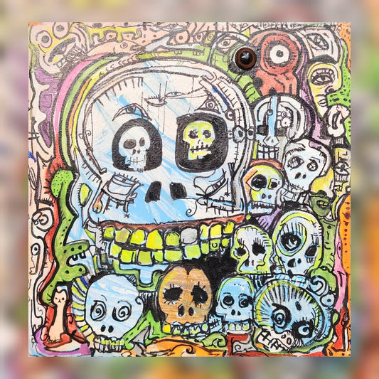12"x12" original painting neon skulls stretched canvas
