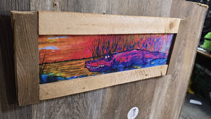 Cape Fear  Gator in the pink sunset mounted embelished print 7x18"