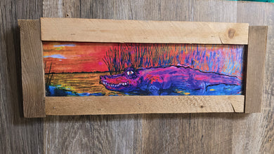Cape Fear  Gator in the pink sunset mounted embelished print 7x18