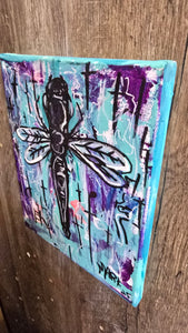 ) 8x10" small  dragonfly original  painting on canvas blue