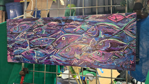 27.5 x 10   orginal painting  wood purple pink fish the flow