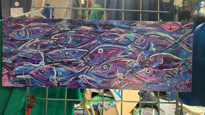 27.5 x 10   orginal painting  wood purple pink fish the flow