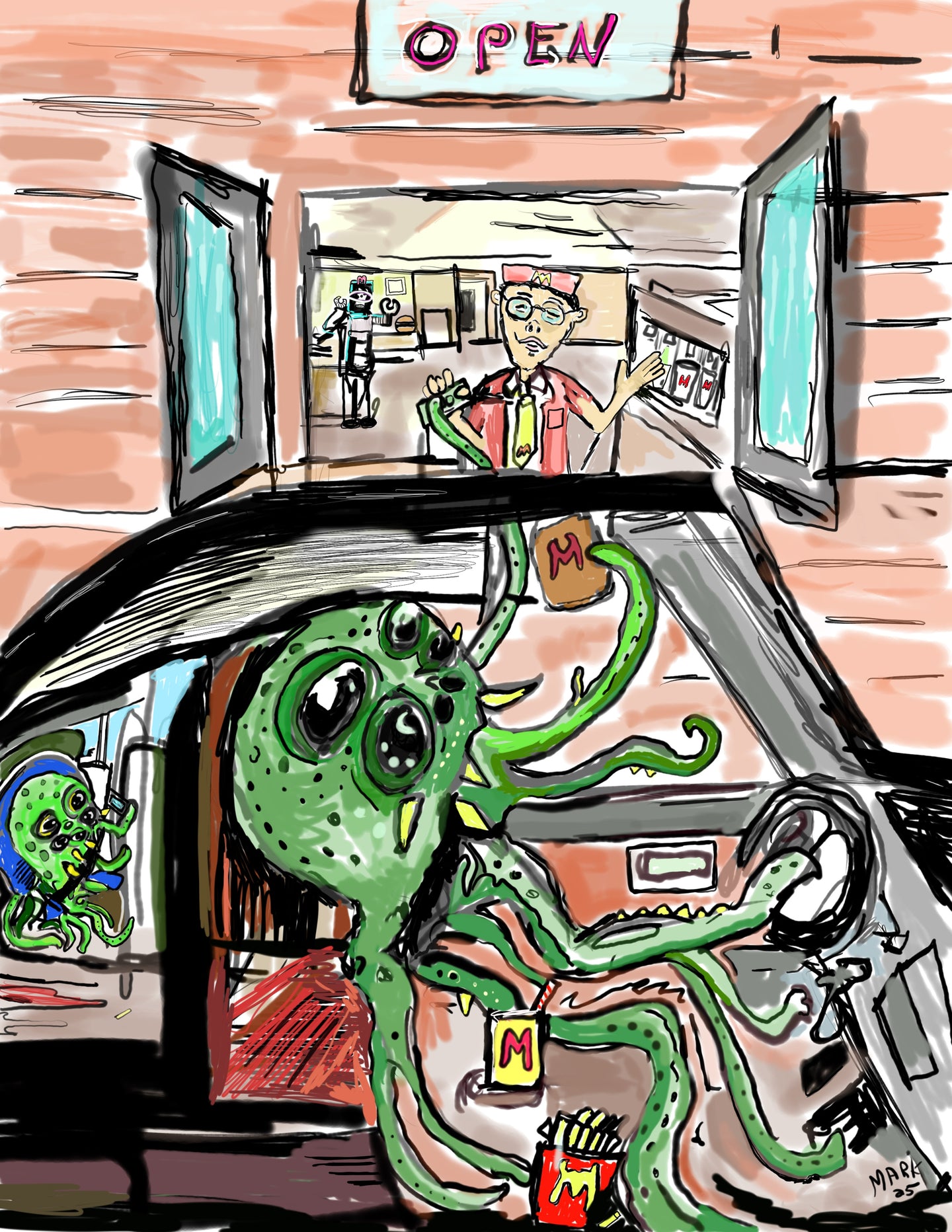 8x10 signed print cthulhu at the drive through