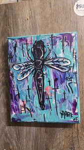 ) 8x10" small  dragonfly original  painting on canvas blue
