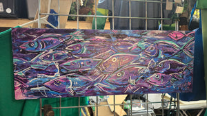 27.5 x 10   orginal painting  wood purple pink fish the flow