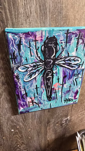 ) 8x10" small  dragonfly original  painting on canvas blue