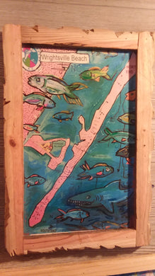 Wrightsville  beach map art  shark bite print  hand  built  frame