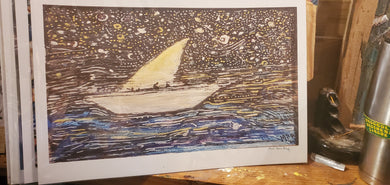 starry sailboat paper print unframed