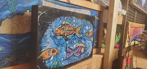 original fish painting 16x10 built   wood panel ready to hang