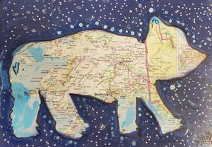 9x7 original  mixed map art Alaska bear