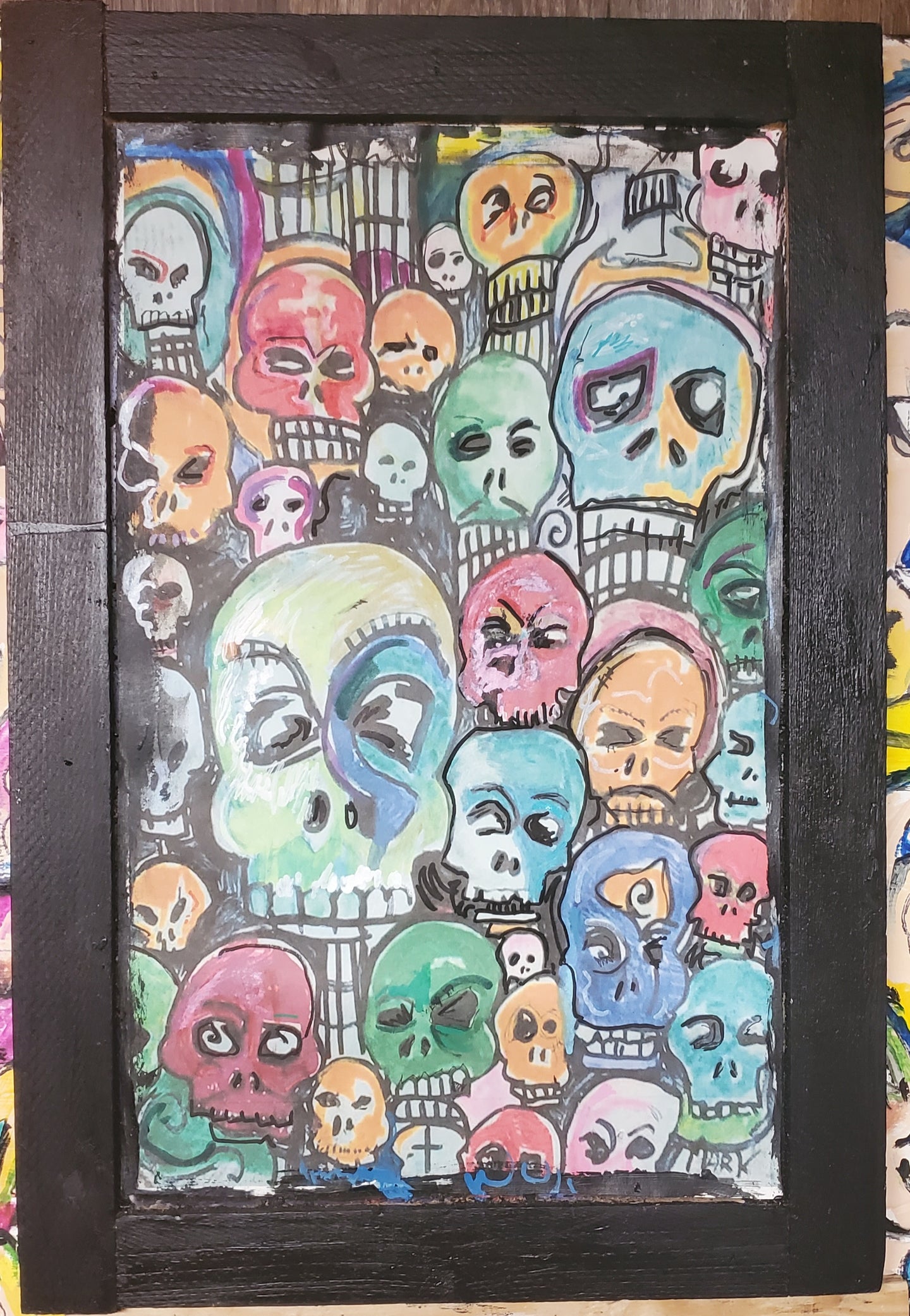 rainbow skulls embellished framed print 12x18