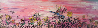 4ft x1ft the dragonfly riders  mixed media original on wood built panel  ready to hang