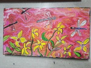 24x14" original dragonfly amoungst the yellow flowers