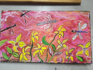 24x14" original dragonfly amoungst the yellow flowers