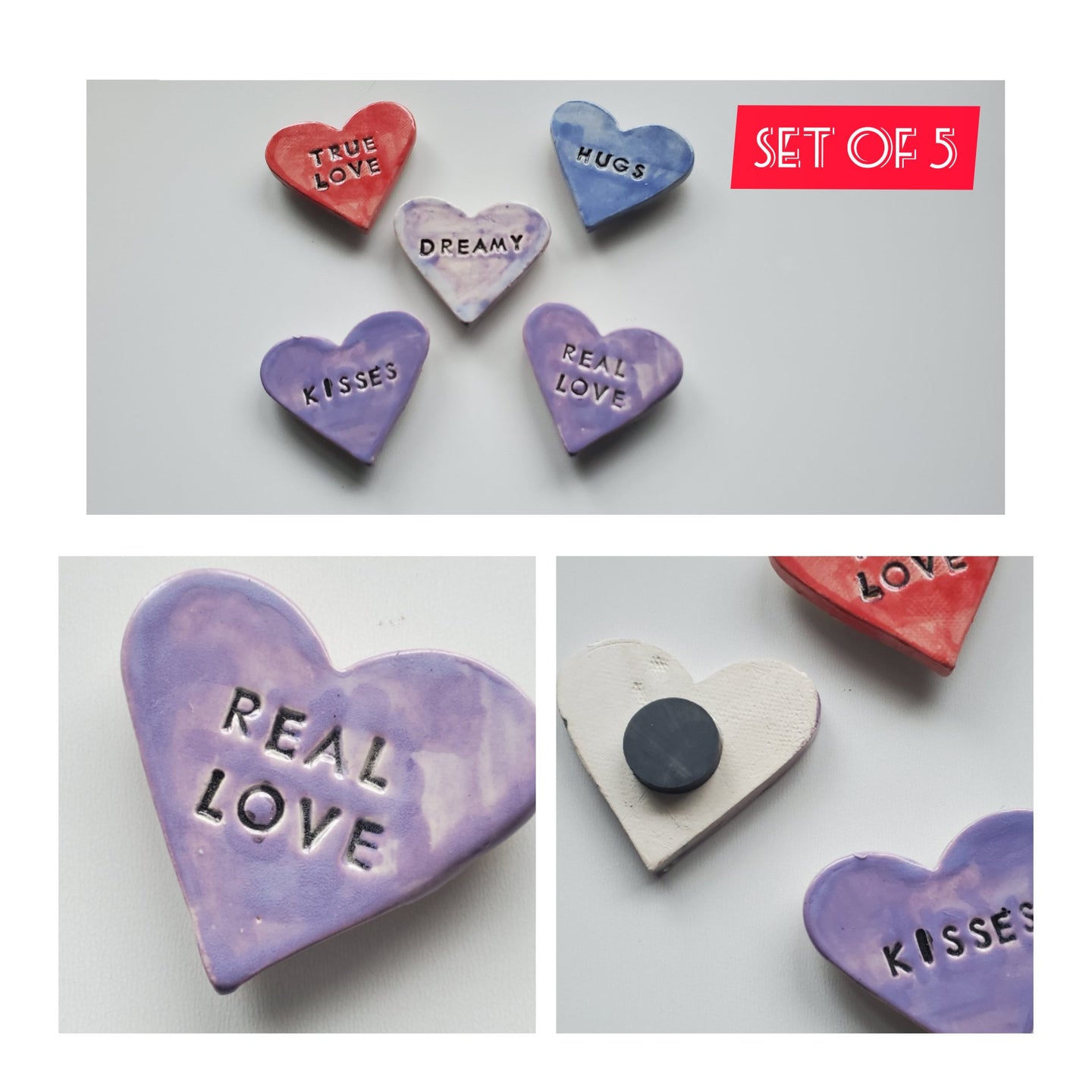 Set of 5 ceramic heart  magnets by muddy muse