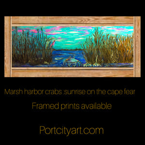 Marsh harbor crabs sun rise on the cape fear  framed print