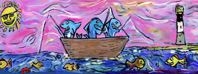 Sharks fishing at sunset 5x16 signed print in polysleeve