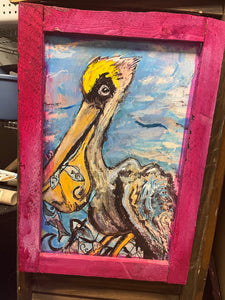 Pink pelican hand painted embellished framed print variant
