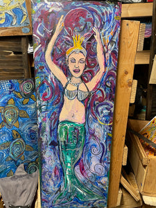 Original 32x11 ocean queen  painting on built wood panel
