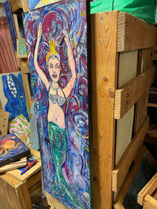 Original 32x11 ocean queen  painting on built wood panel