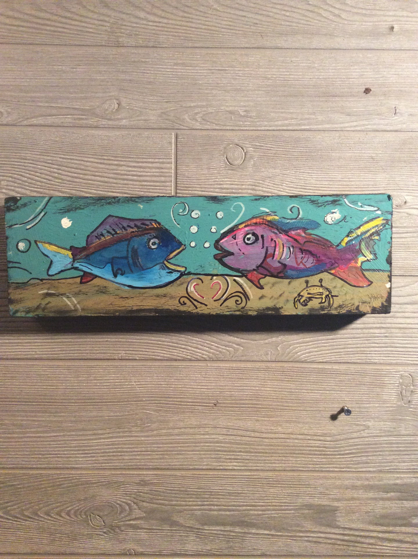 Original 5 x 16 fish painting mixed media