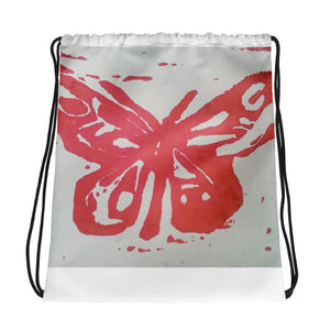 Red butterfly drawstring bag by Karma Herbert